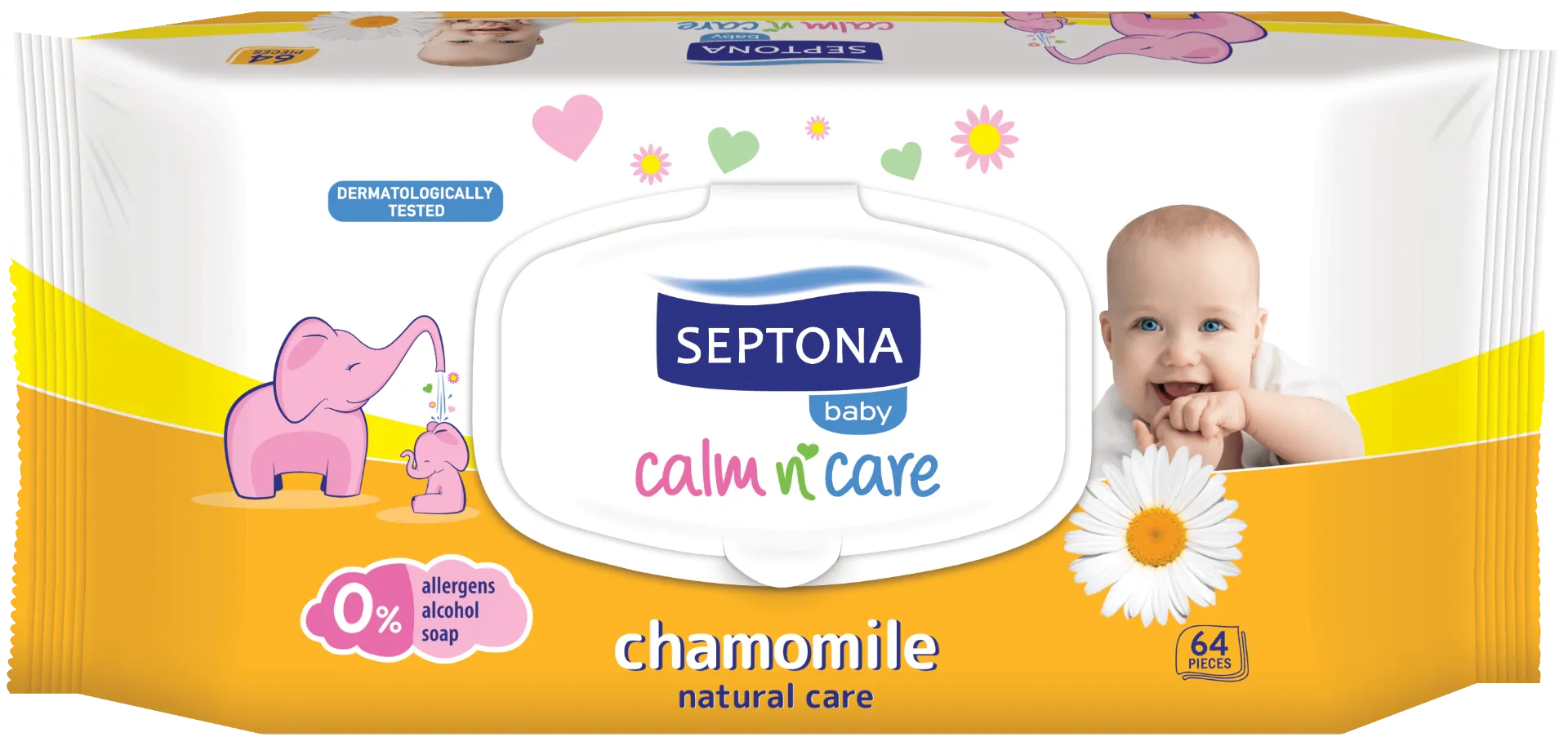 Septona, nawilżane chusteczki z rumiankiem i witaminą E dla niemowląt, 64 sztuki