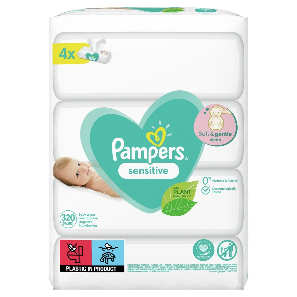 Pampers Sensitive, chusteczki nawilżane, 4x80 sztuk 