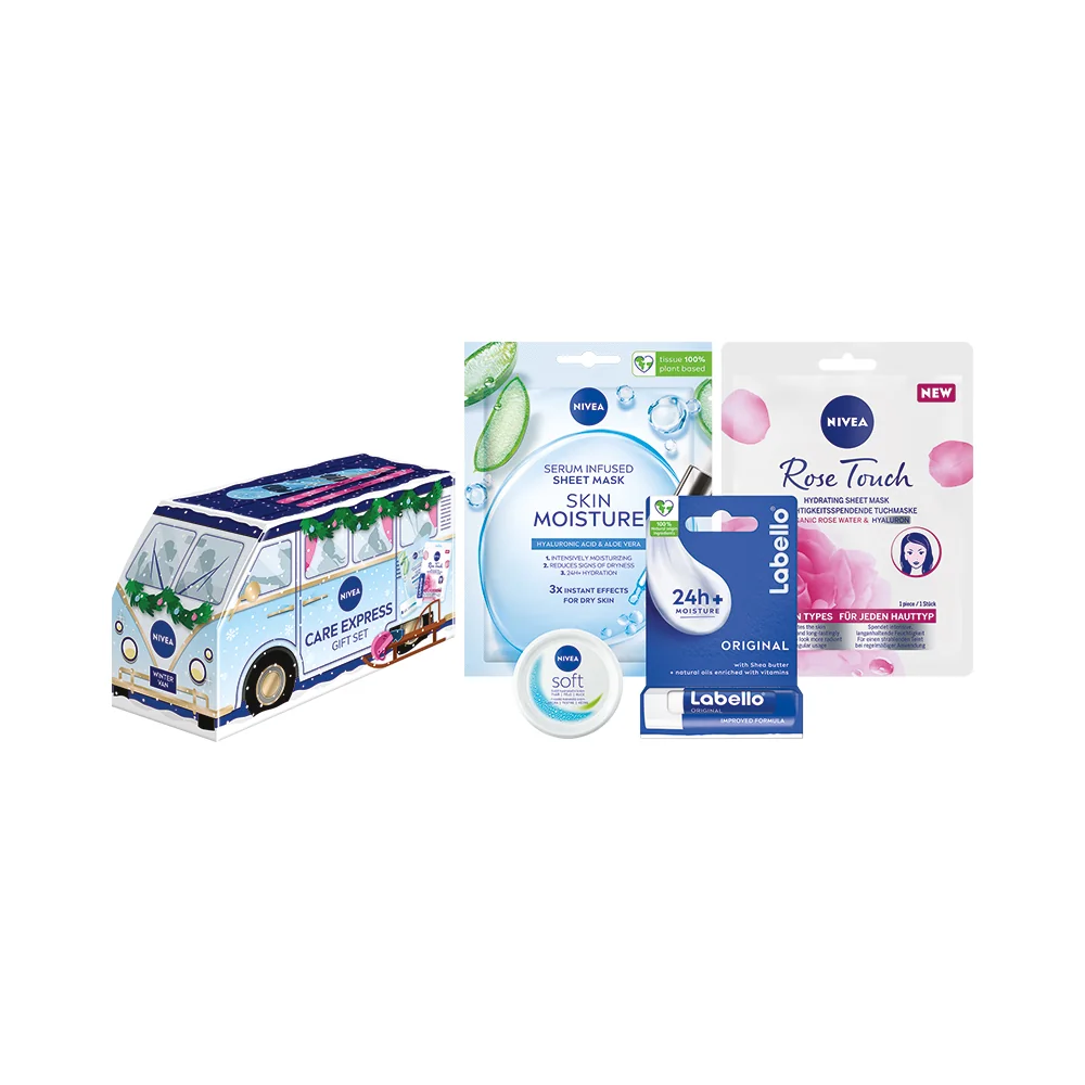 Nivea Care Express Zestaw maseczka, 2 sztuki + krem, 50 ml + balsam do ust, 4,8 g