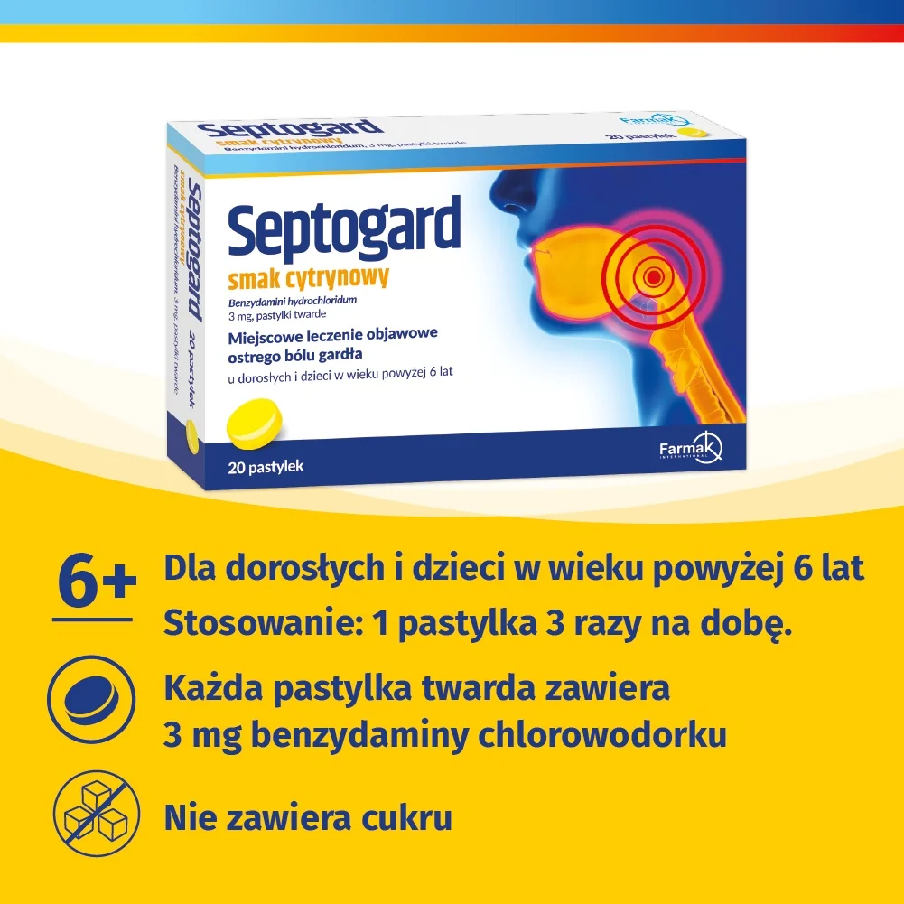 Septogard 3 mg 20 pastylek twardych, smak cytrynowy