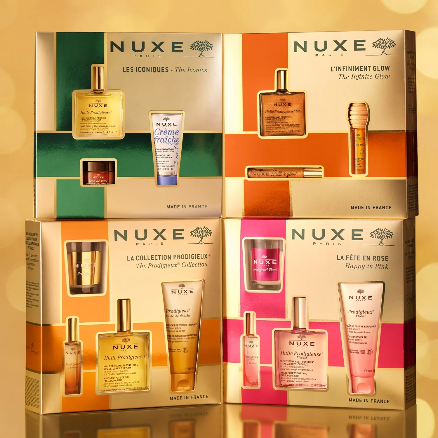Nuxe The Infinite Glow Huile Prodigieuse Or suchy olejek roll-on, 8 ml + suchy olejek pielęgnacyjny o wielu zastosowaniach ze złotymi drobinkami, 50 ml + Rêve de Miel® Miodowy olejek do ust, 10 ml