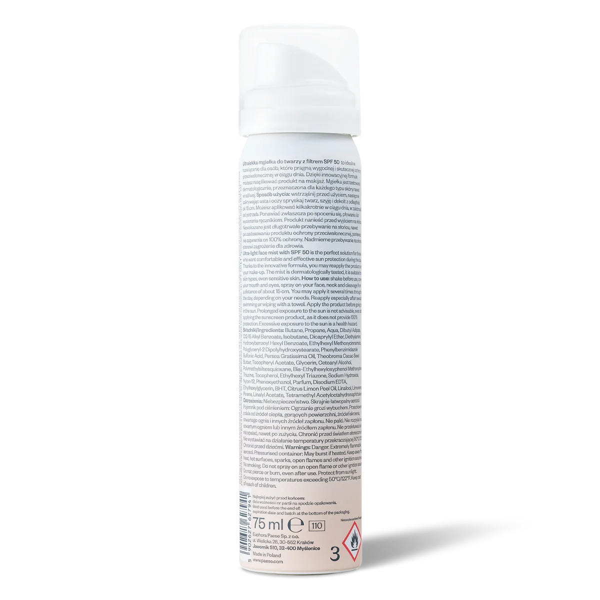Paese ultralekka mgiełka na makijaż z SPF50, 75 ml
