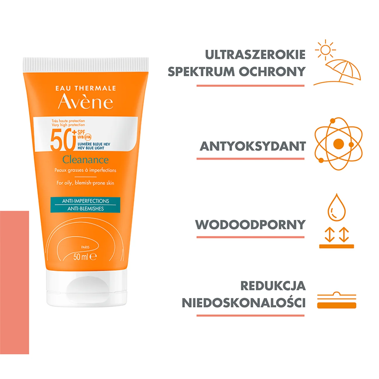 Avene Eau Thermale Cleanance krem ochronny do twarzy, skóra tłusta i skłonna do niedoskonałości SPF 50+, 50 ml