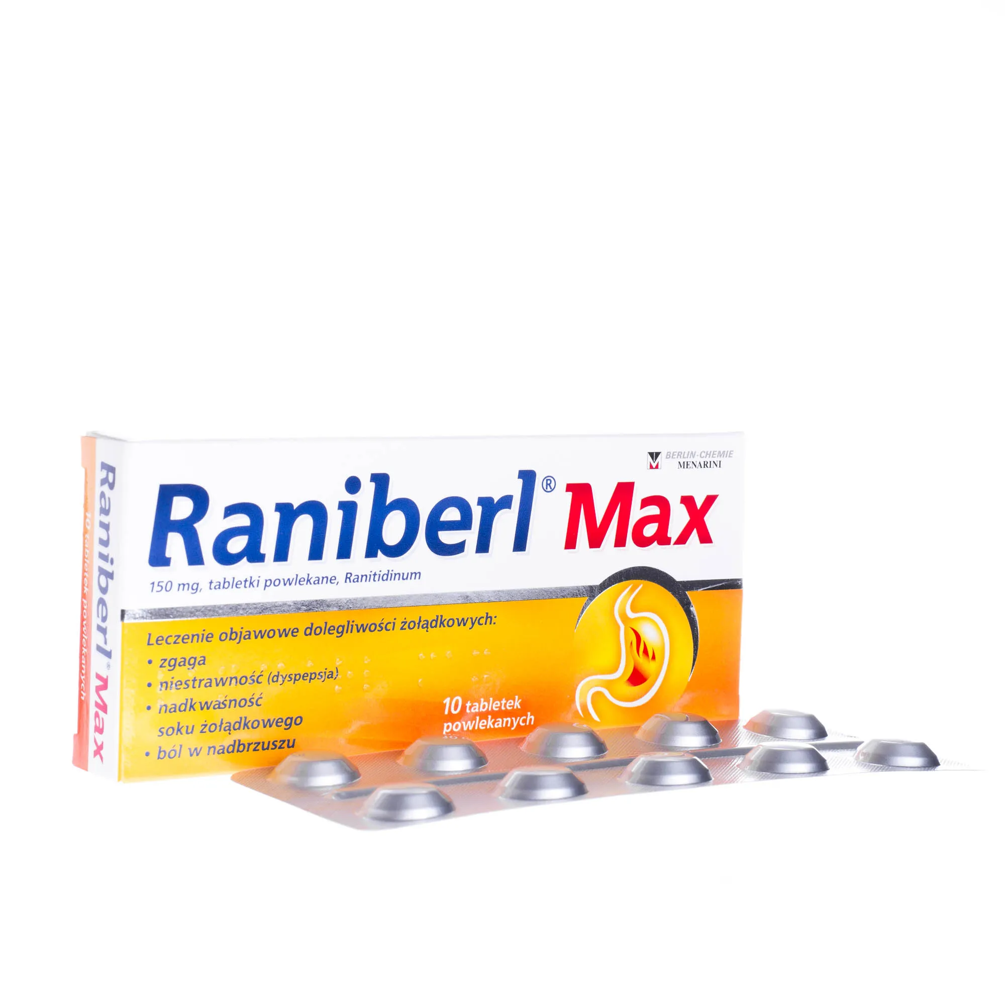 Raniberl Max 150 mg - leczenie objawowe dolegliwości żołądkowych, 10 tabletek powlekanych 