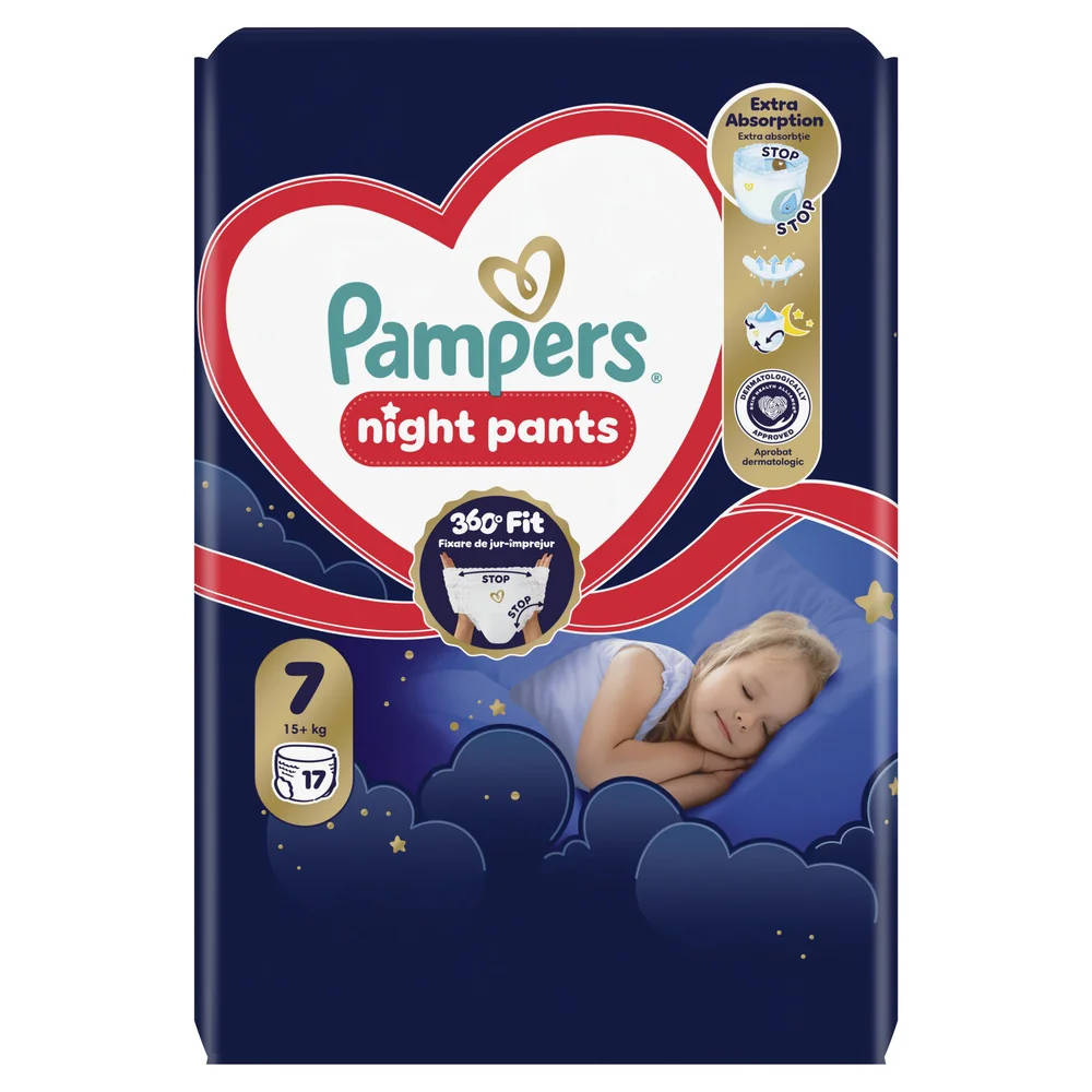 Pampers Night Pants 7 pieluchomajtki, rozmiar 7, 15+ kg, 17 sztuk
