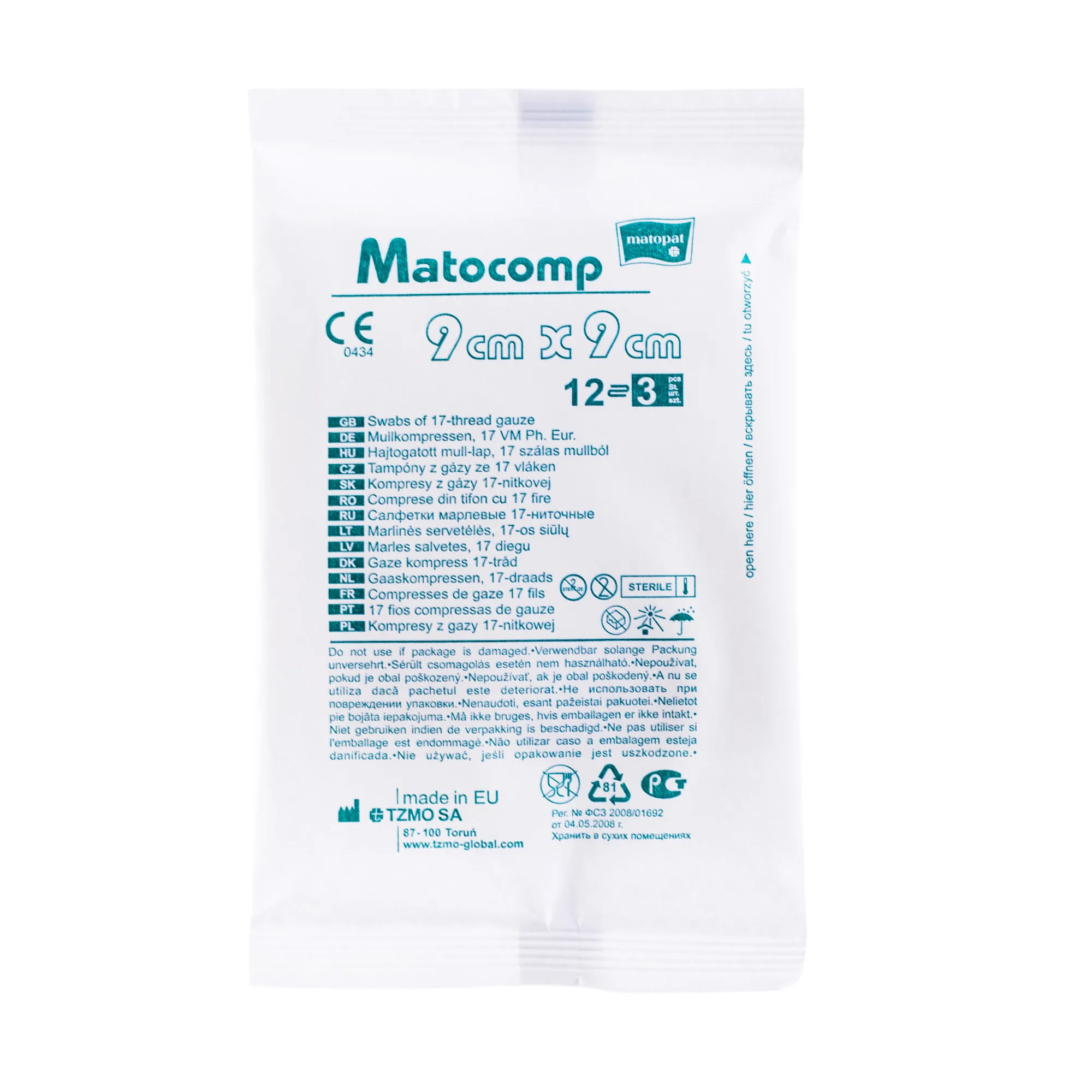 Matocomp, kompresy z gazy 17-nitkowej, 9 cm x 9 cm jałowe, 3 szt.