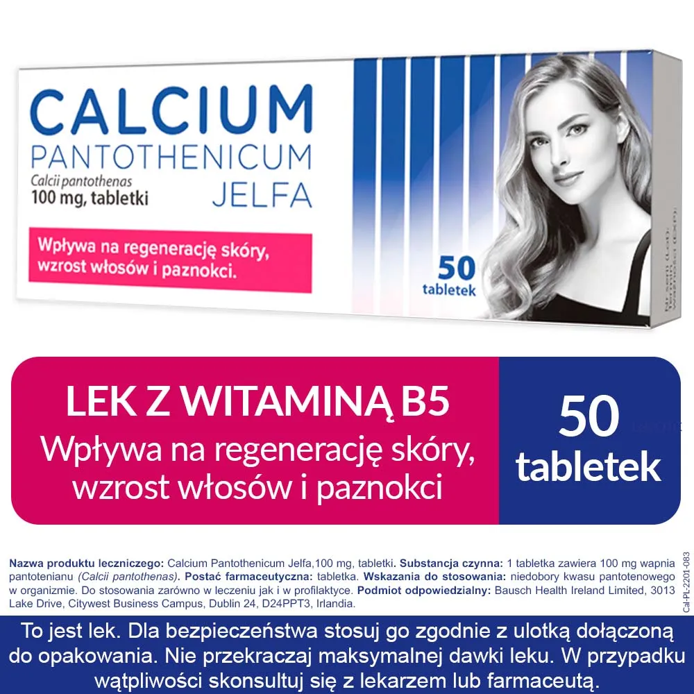 Calcium Pantotenicum Jelfa - lek stosowany w uzupełnieniu niedoborów kwasu pantotenowego, 50 szt. 