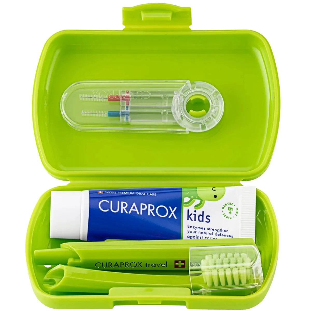 Curaprox Travel Set Kids zestaw podróżny do czyszczenia zębów dla dzieci 6-12 lat zielony