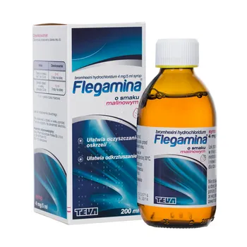 Flegamina o smaku malinowym, bromhexini hydrochloridum 4mg/5ml syrop, 200 ml 