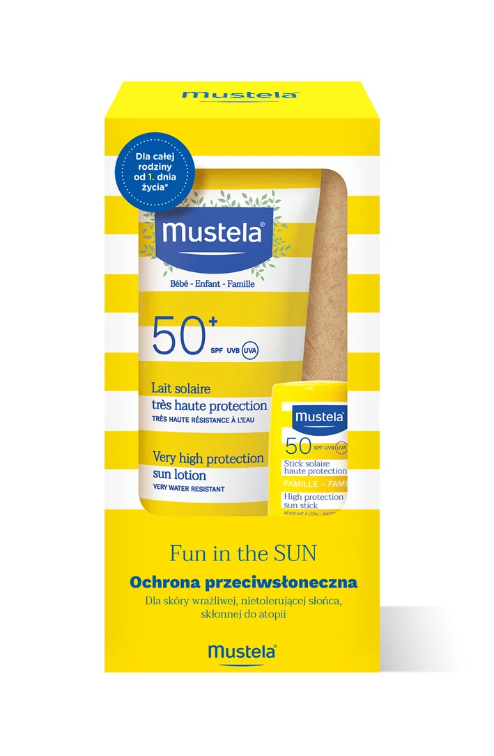 Zestaw Mustela Sun Fun In The Sun mleczko przeciwsłoneczne SPF 50+, 100 ml + sztyft przeciwsłoneczny SPF 50, 9 ml
