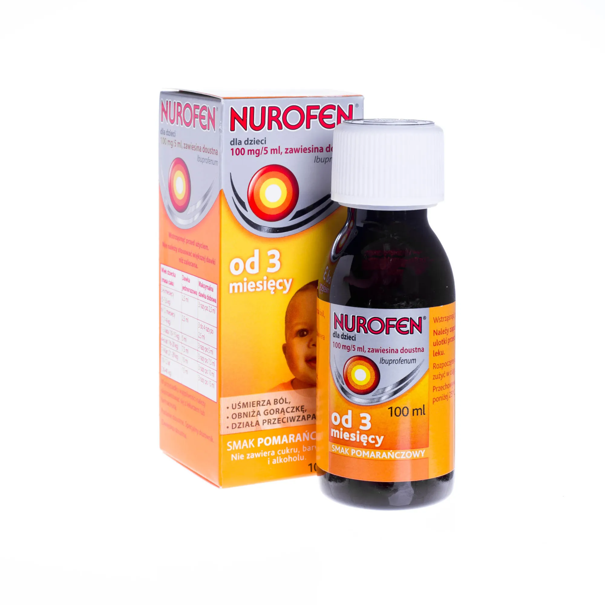 Nurofen 100 mg/5 ml, zawiesina doustna od 3 miesięcy, smak pomarańczowy, 100 ml