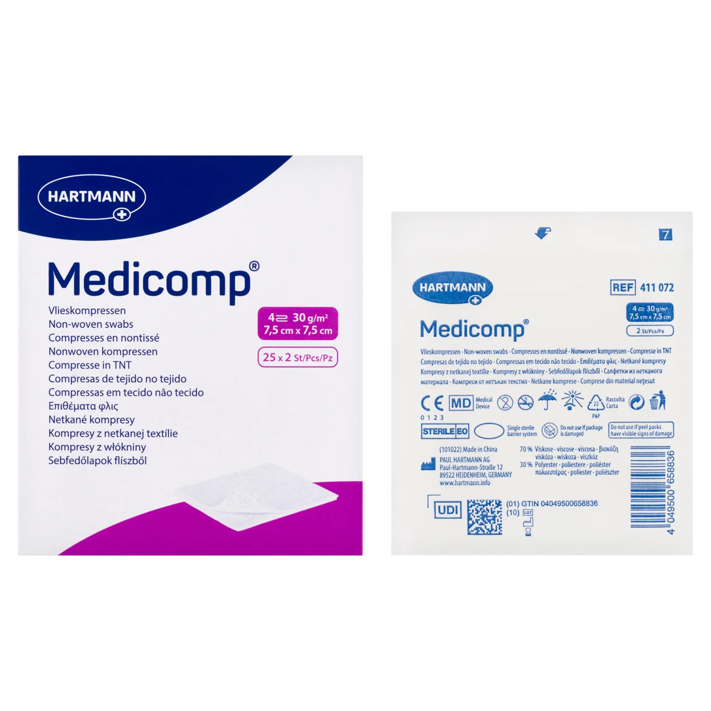 Medicomp kompresy włókniste jałowe, 4-warstwowe, 7,5 cm x 7,5 cm, 25 x 2 szt.
