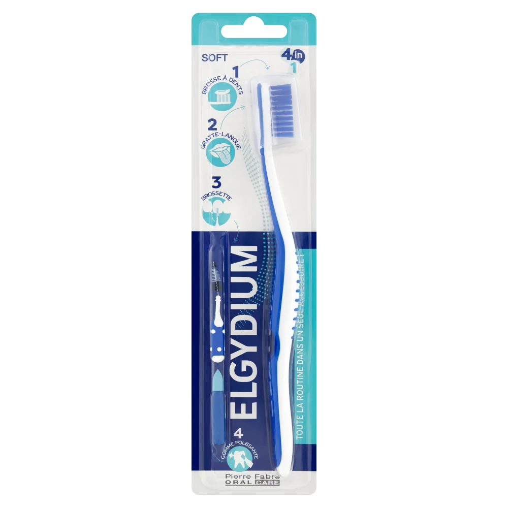 Elgydium 4w1 wielofunkcyjna szczoteczka do zębów miękka, 1 sztuka