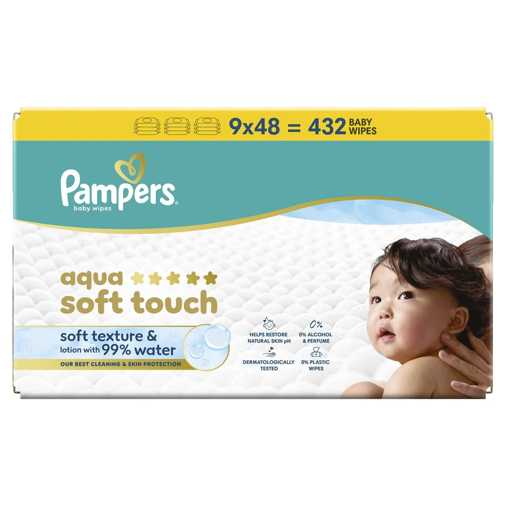 Pampers Aqua Soft Touch chusteczki nawilżane dla dzieci, 9 x 48 sztuk