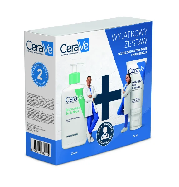 CeraVe XMass25 Zestaw nawilżający krem do twarzy z ceramidami, 52 ml + oczyszczający żel do mycia z ceramidami, 236 ml