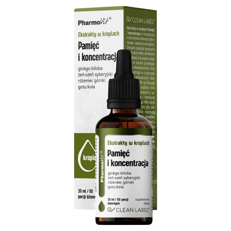 Pharmovit Clean label Ekstrakty w kroplach Pamięć i koncentracja, suplement diety, 30 ml