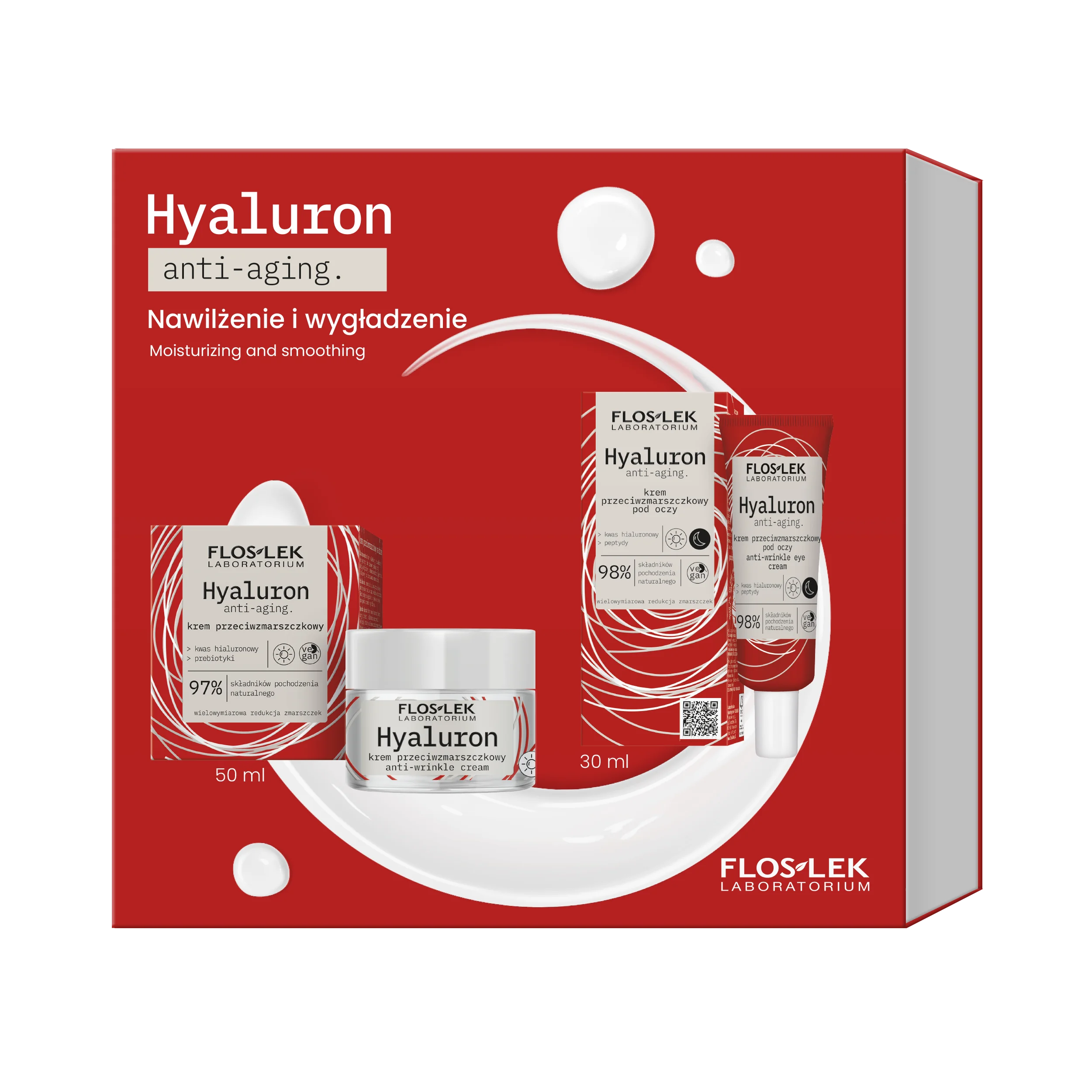 Floslek Hyaluron anti-aging Nawilżenie i wygładzenie Zestaw krem przeciwzmarszczkowy pod oczy, 30 ml + krem przeciwzmarszczkowy na dzień, 50 ml