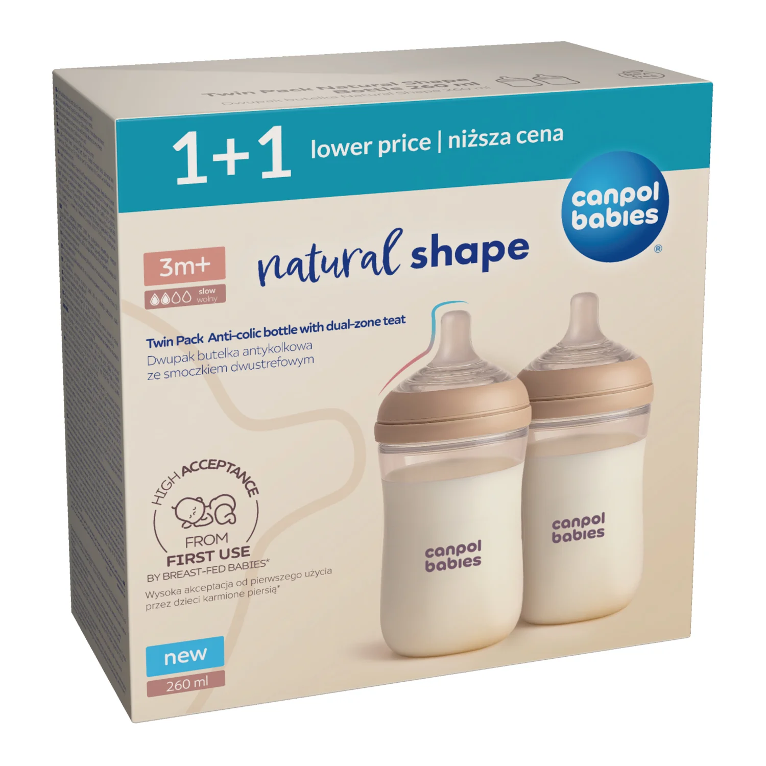 Canpol Babies Natural Shape Dwupak butelka ze smoczkiem dwustrefowym 260 ml, 2 sztuki
