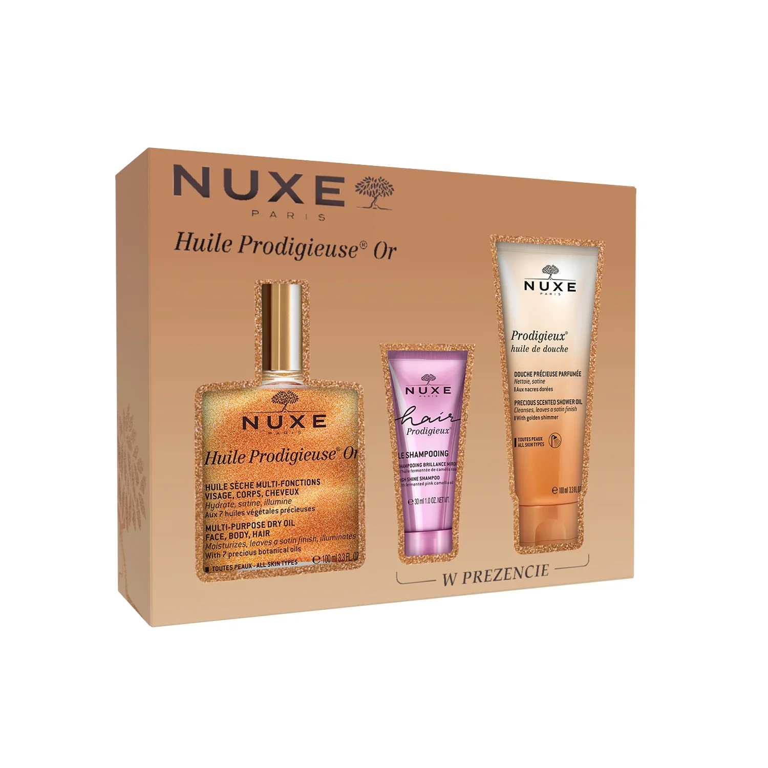 NUXE Huile Prodigieuse® Or zestaw, suchy olejek ze złotymi drobinkami, 100 ml + szampon, 30 ml + olejek pod prysznic, 100 ml