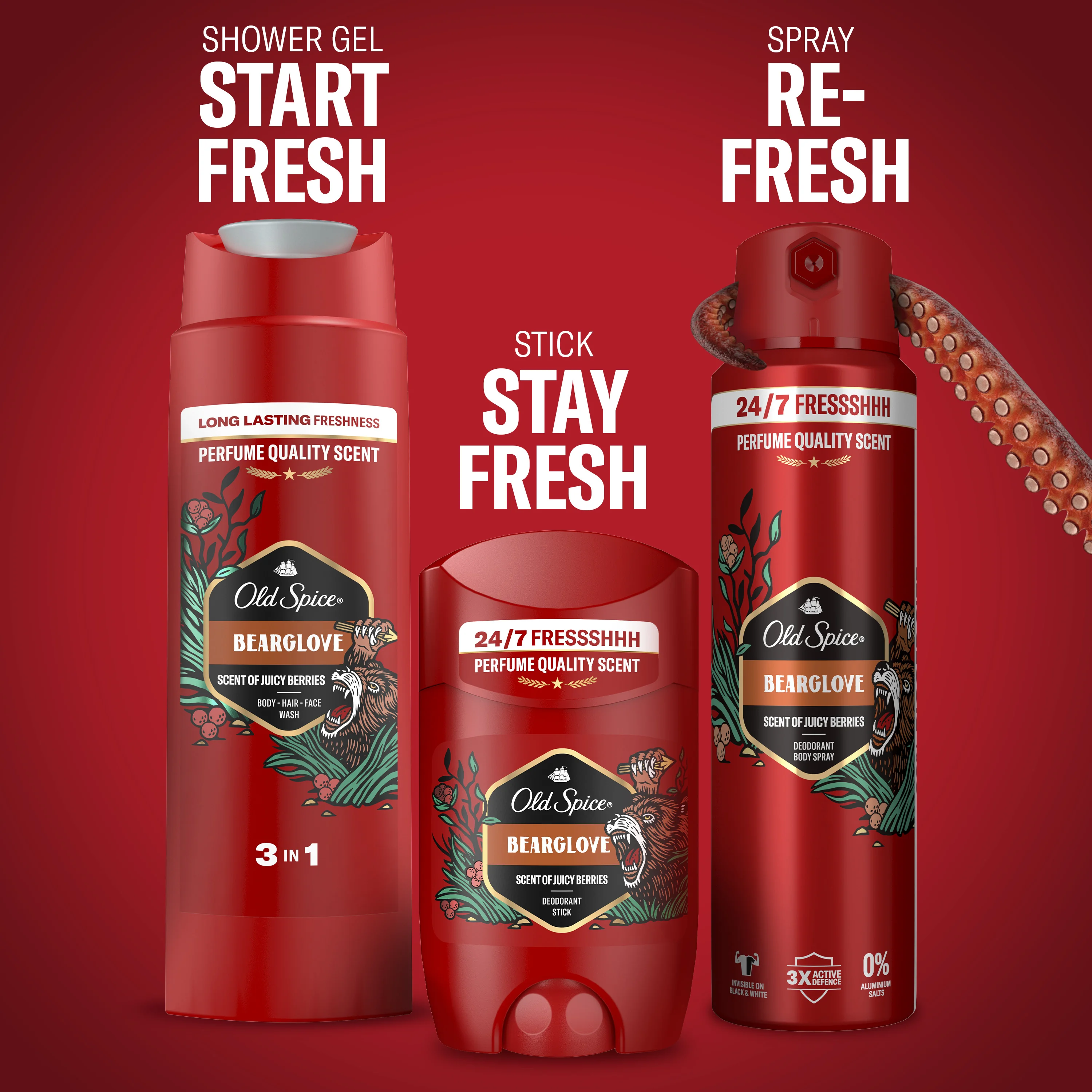 Old Spice Bearglove Anime Xmass Zestaw dezodorant w sztyfcie, 50 ml + dezodorant w sprayu, 150 ml + żel pod prysznic, 250 ml