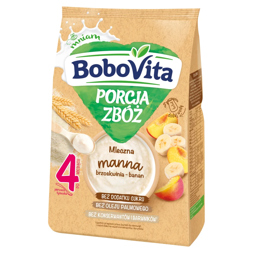 BoboVita Porcja Zbóż, kaszka mleczna manna brzoskwinia-banan po 4 miesiącu, 210 g Porcja Zbóż mleczna manna brzoskwinia-banan, 210 g