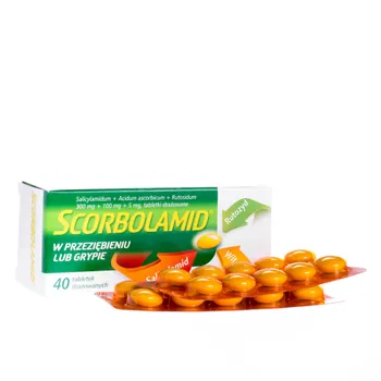 Scorbolamid 300 mg + 100 mg  + 5 mg, 40 tabletek stosowanych przy przeziębieniu lub grypie 