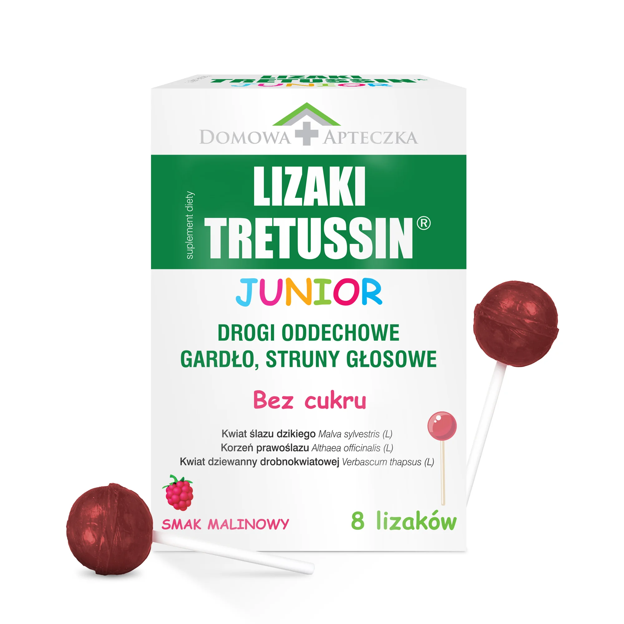 Domowa Apteczka Lizaki Tretussin Junior smak malinowy, 8 sztuk