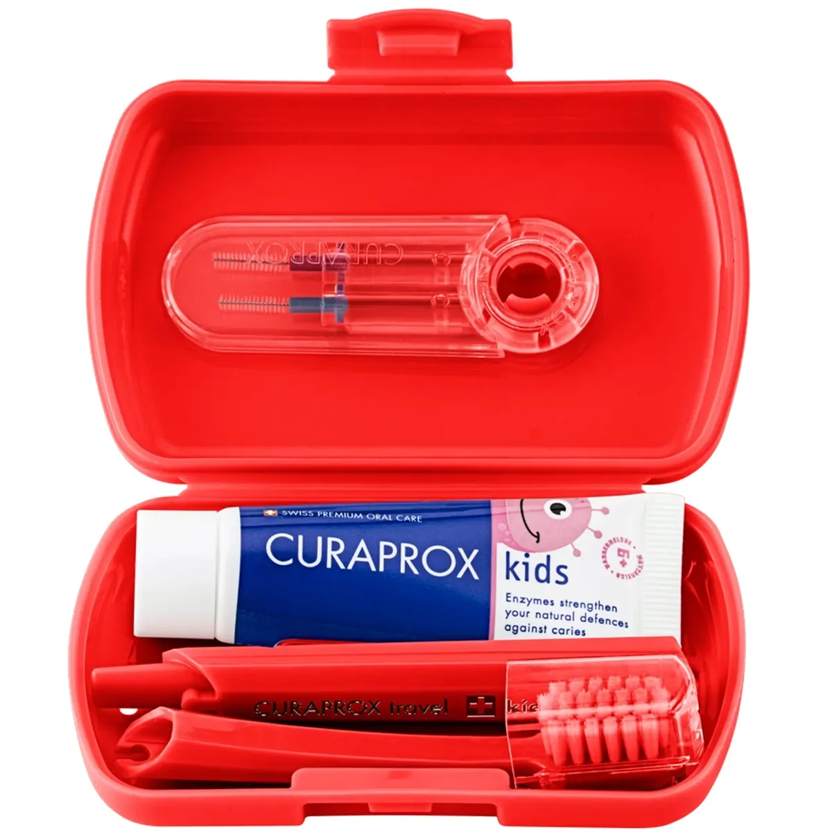 Curaprox Travel Set Kids zestaw podróżny do czyszczenia zębów dla dzieci 6-12 lat czerwony