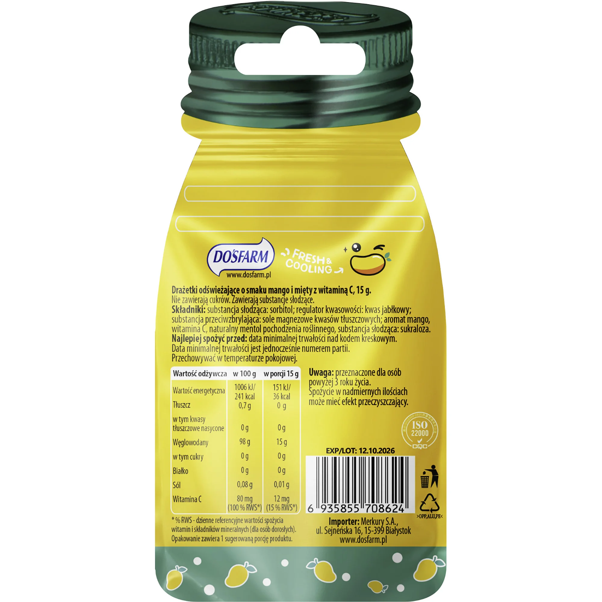 Dosfarm drażetki odświeżające o smaku mango i mięty z witamina C, 15 g