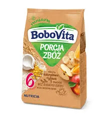 BoboVita Porcja Zbóż, kaszka mleczna kukurydziano-ryżowa 3 owoce po 6 miesiącu, 210 g