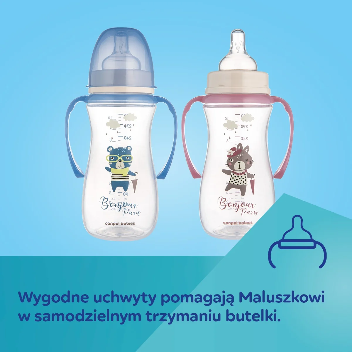Canpol Babies EasyStart BONJOUR PARIS różowa butelka antykolkowa z uchwytami 300 ml, 1 sztuka
