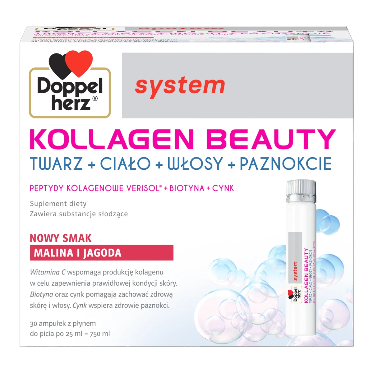Doppelherz System Kollagen Beauty malina i jagoda, płyn, 30 x 25 ml