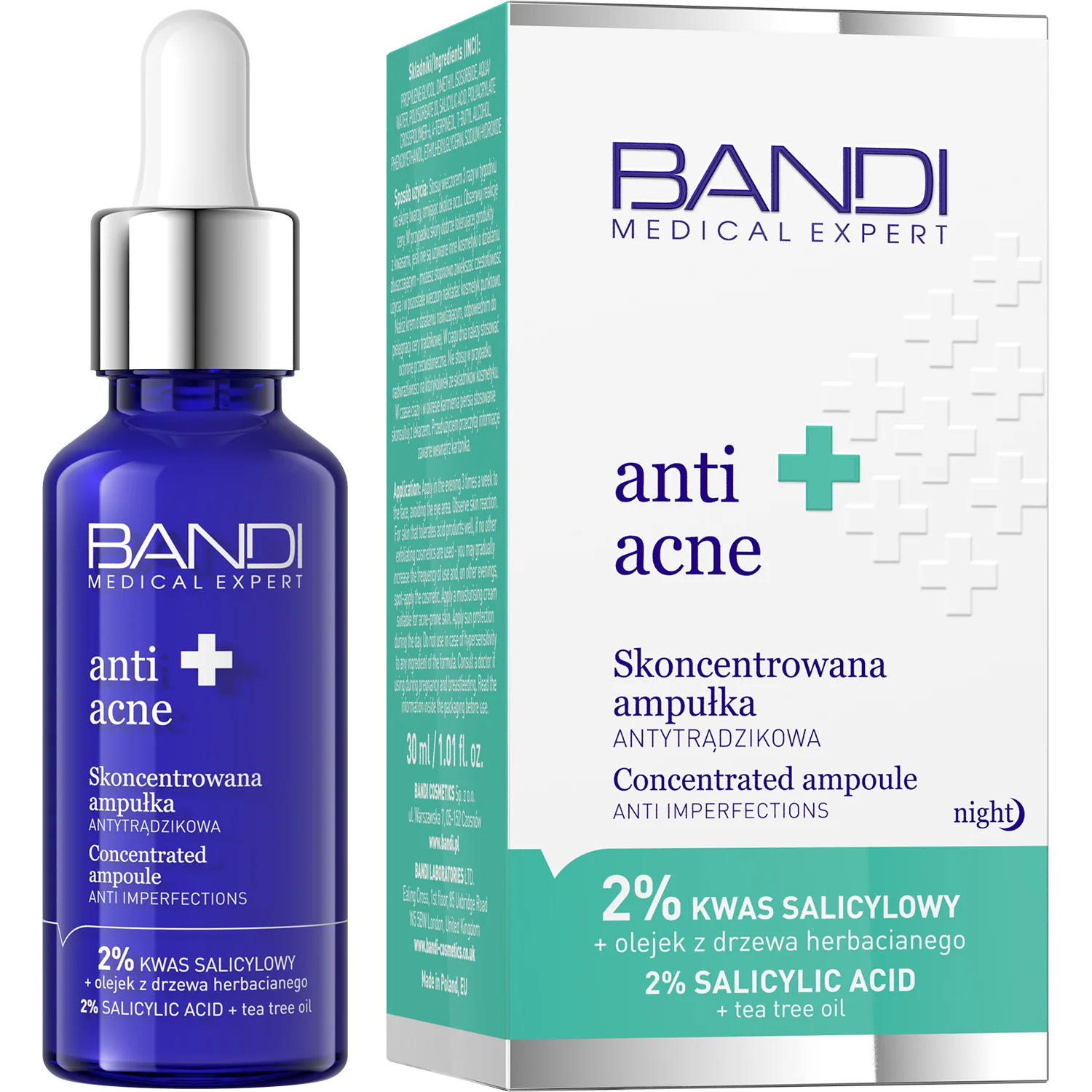 Bandi Medical Expert Anti-Acne Skoncentrowana Ampułka Antytrądzikowa 2% Kwas Salicylowy + Olejek Z Drzewa Herbacianego, 30 ml