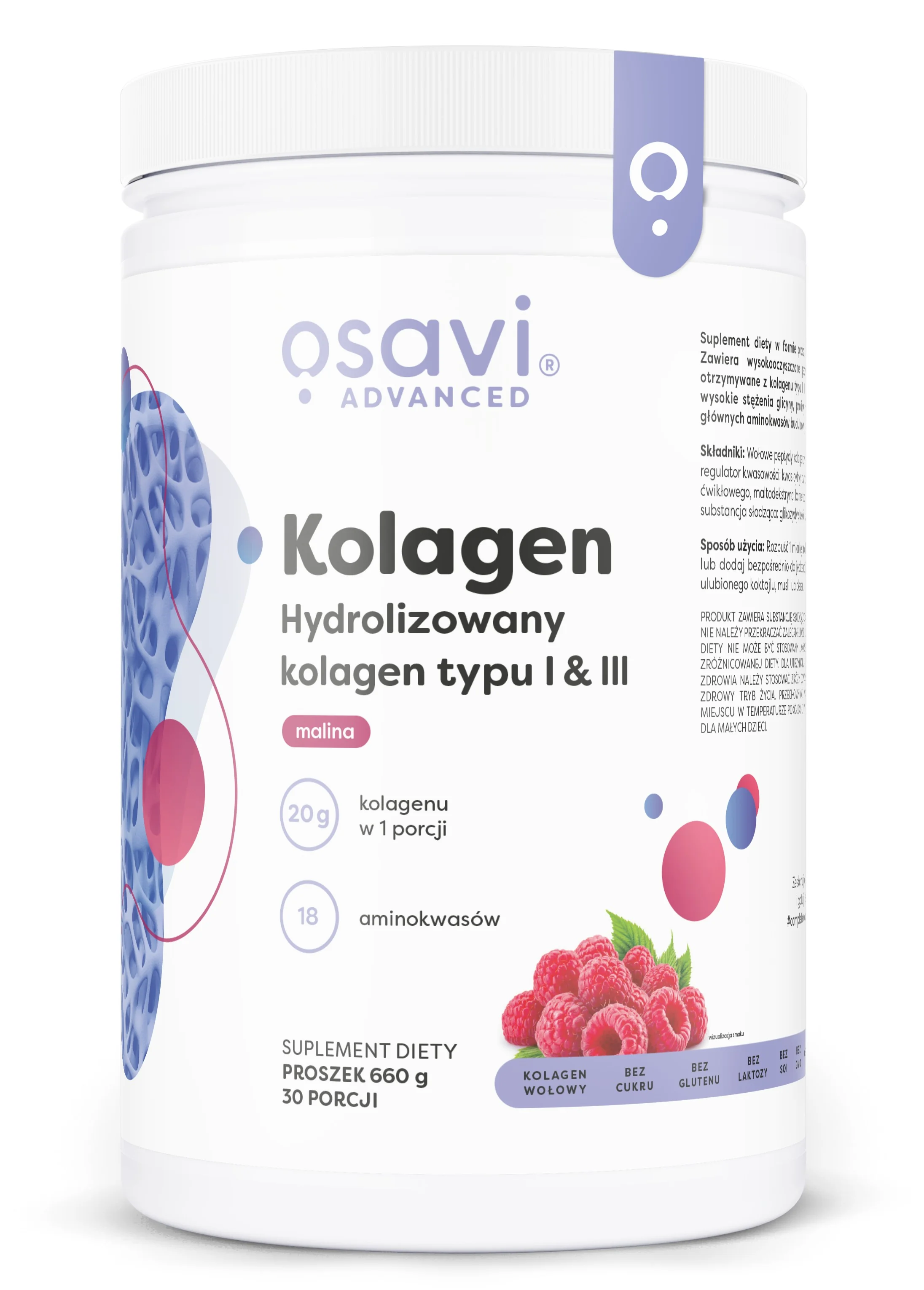 Osavi Kolagen Hydrolizowany kolagen typu I & III malina, proszek, 660 g