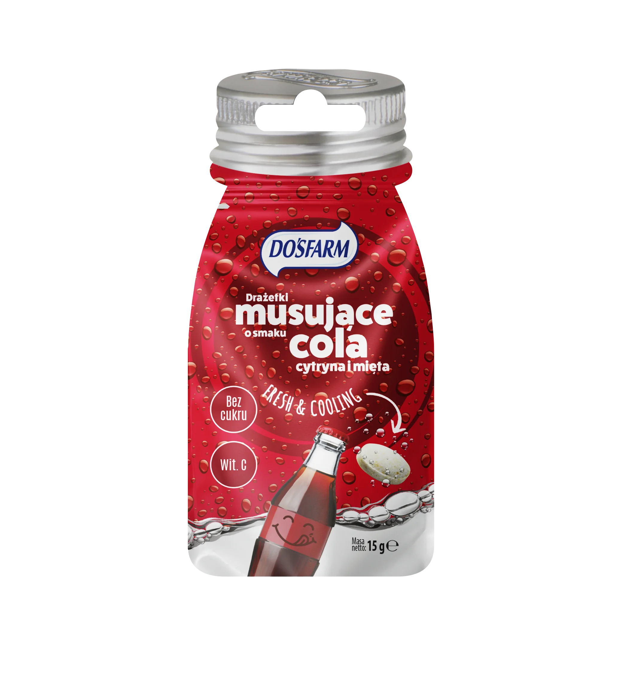 Dosfarm drażetki musujące o smaku coli, cytryny i mięty z witaminą C, 15 g