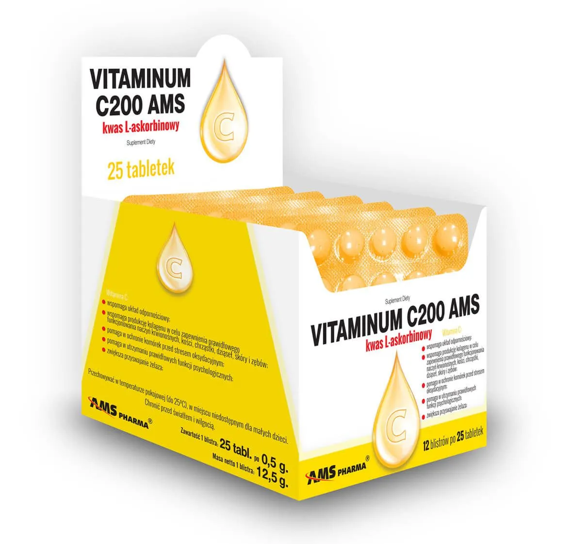 Vitaminum C200 AMS, suplement diety, 25 tabletek. Data ważności 20.02.2023
