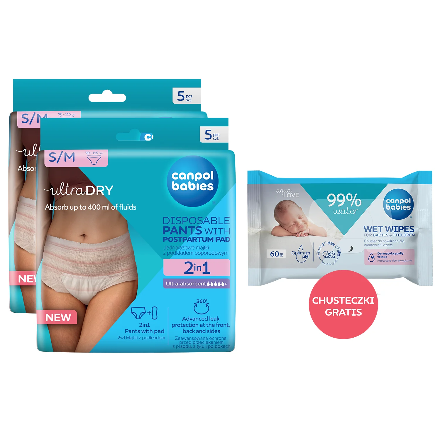 Canpol babies ultraDRY Zestaw oddychające majtki jednorazowe z podkładem poporodowym S/M, 2 x 5 sztuk + chusteczki nawilżające, 60 sztuk GRATIS