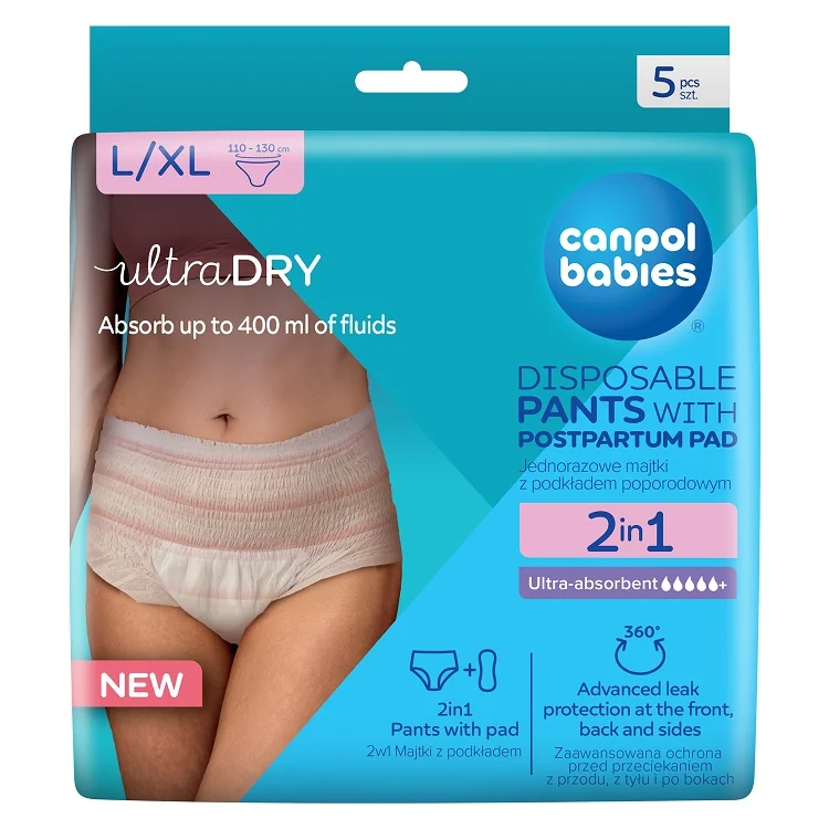 Canpol Babies ultraDRY oddychające majtki jednorazowe z podkładem poporodowym L/XL, 5 sztuk