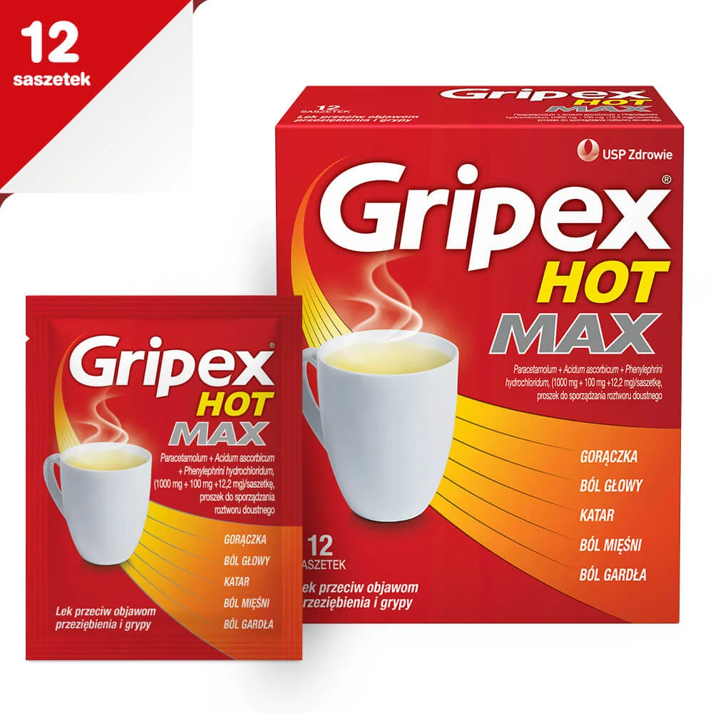 Gripex Hot Max 1000 mg + 100 mg + 12,2 mg, proszek do sporządzania roztworu doustnego, 12 saszetek