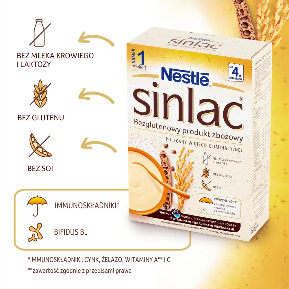 Nestle Sinlac. bezglutenowa kaszka dla dzieci bez laktozy i soi po 4 miesiącu życia, 500 g 