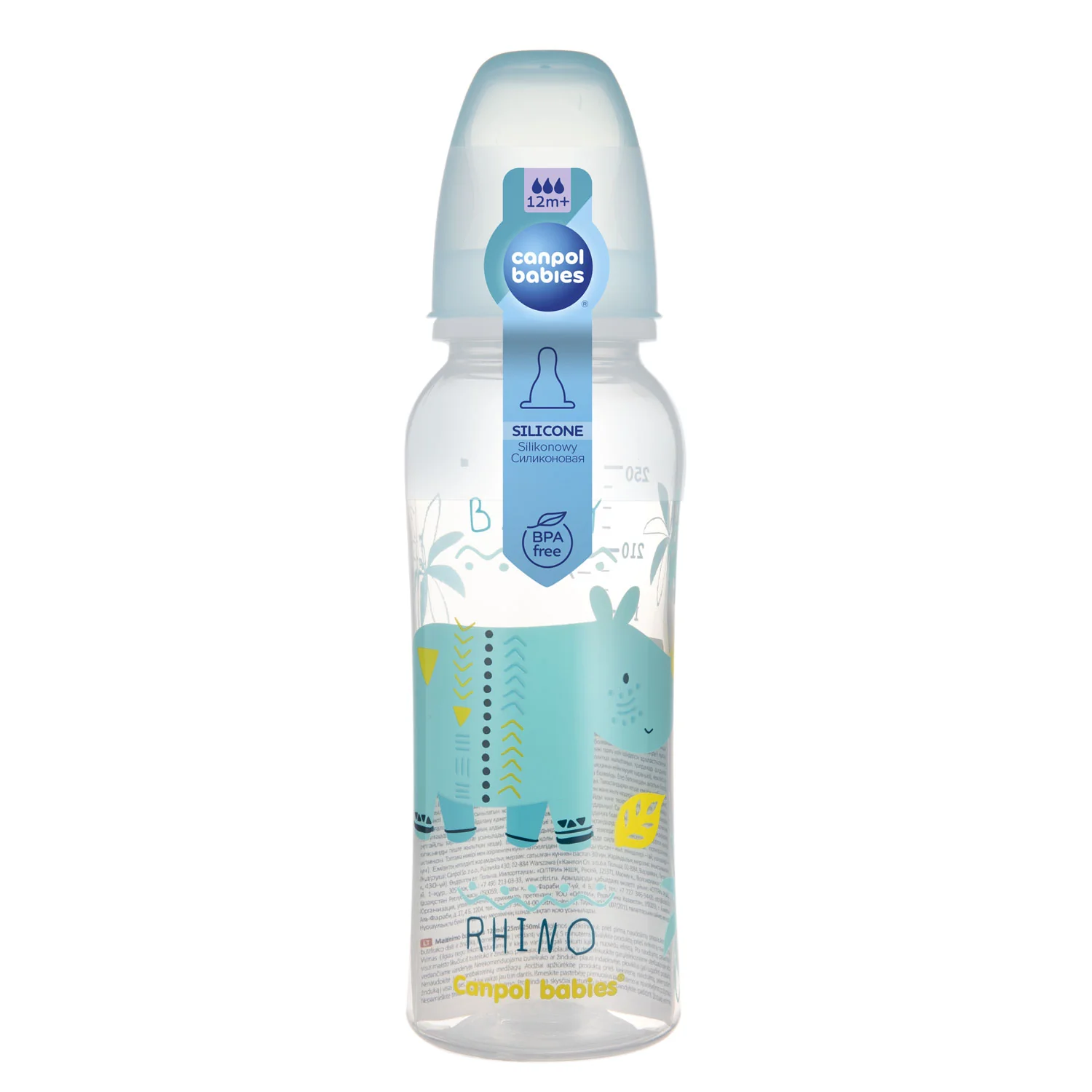 Canpol Babies Africa Baby Rhino turkusowa wąska butelka 250 ml, 1 sztuka