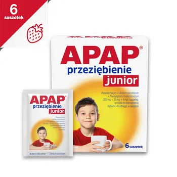 Apap Przeziębienie Junior, 300 mg + 20 mg + 5 mg, proszek do sporządzania roztworu doustnego, 6 saszetek 