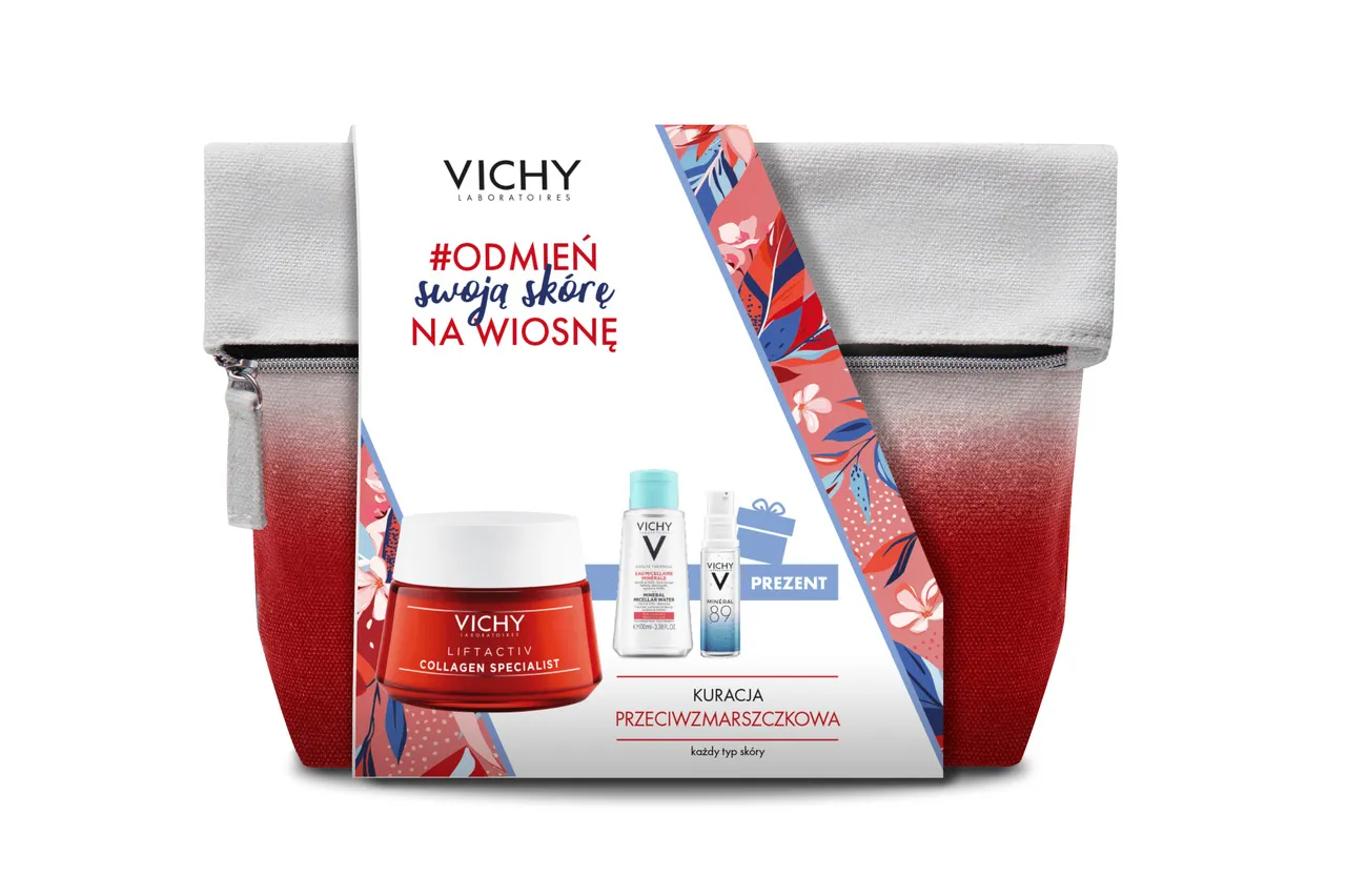 Vichy zestaw Liftactiv Collagen Specialist, przeciwzmarszczkowy krem na dzień, 50 ml +  Pureté Thermale, mineralny płyn micelarny dla skóry wrażliwej, 100 ml + Minéral 89, booster wzmacniająco-nawilżający z kwasem hialuronowym, 10 ml 