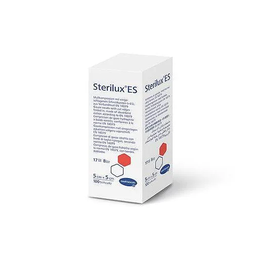 Sterilux ES, kompresy z gazy bawełnianej, niejałowe, 17-nitkowe, 8 warstw, 5 cm x 5 cm, 100 sztuk