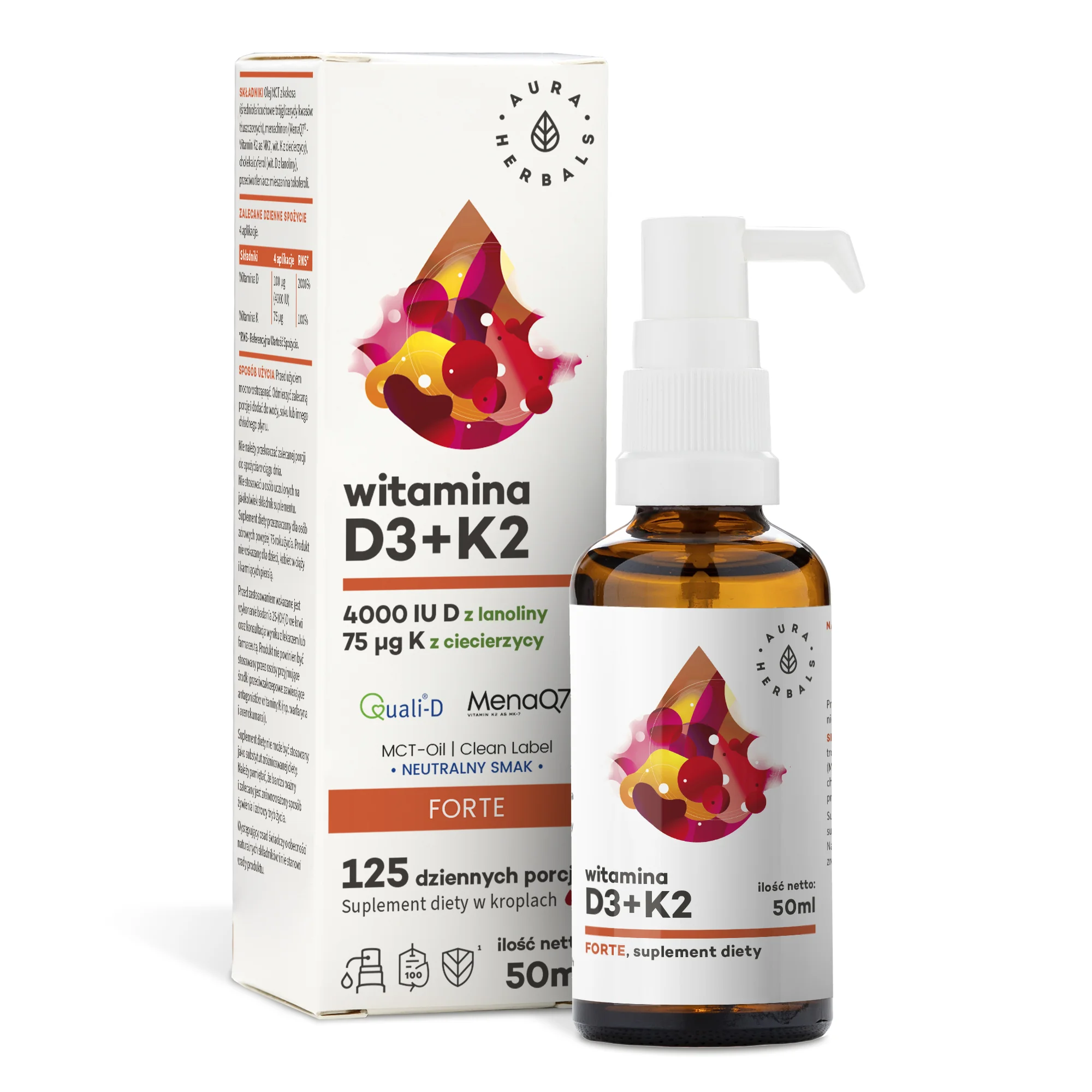 Aura Herbals Witamina D3 4000 IU + K2 z MCT krople, 50 ml