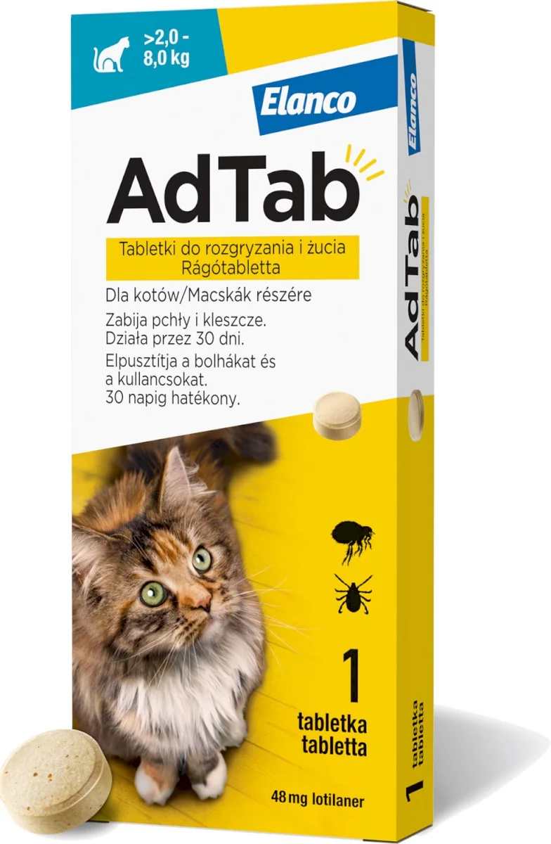 AdTab 48 mg, tabletki do rozgryzania i żucia dla kotów (>2,0–8,0 kg), 1 sztuka
