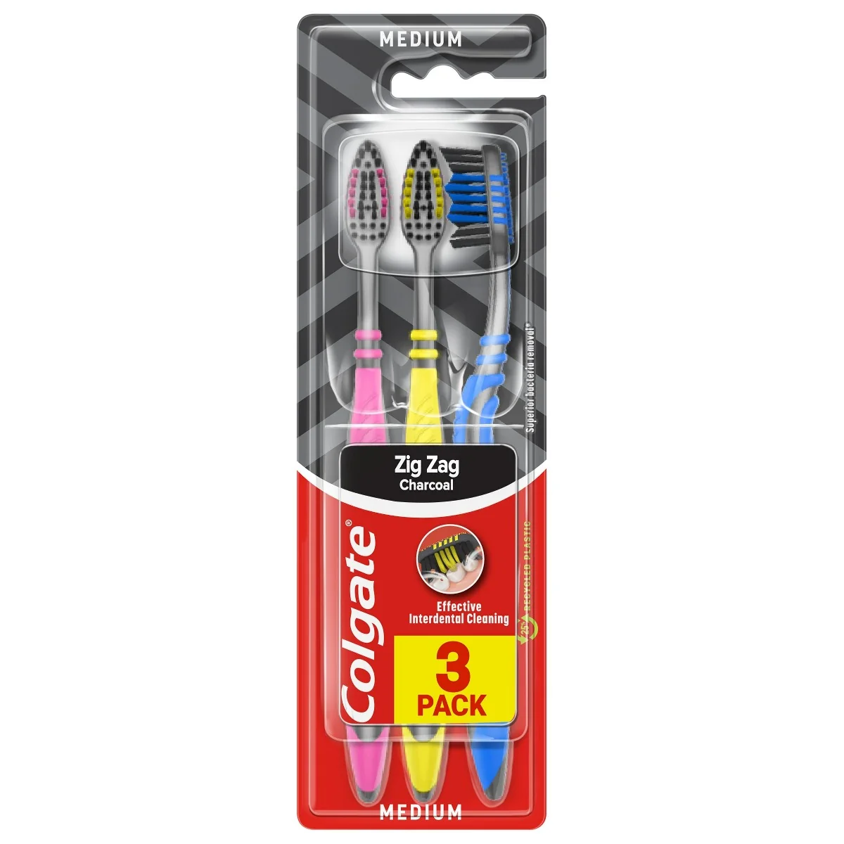 Colgate ZigZag Charcoal Medium zestaw 3 średnich szczoteczek do zębów, 1 szt.