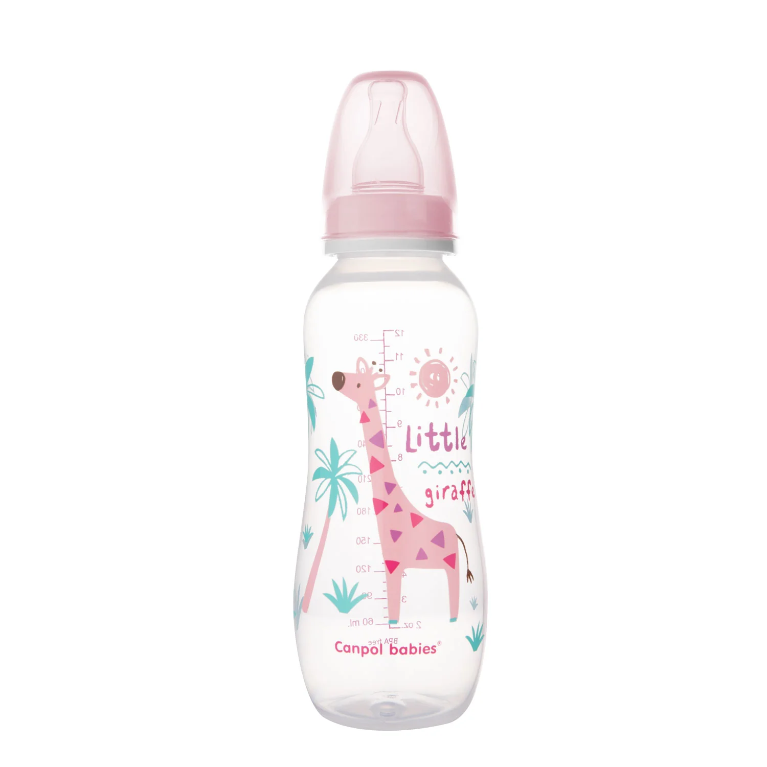 Canpol Babies Africa Little Giraffe różowa wąska butelka 330 ml, 1 sztuka