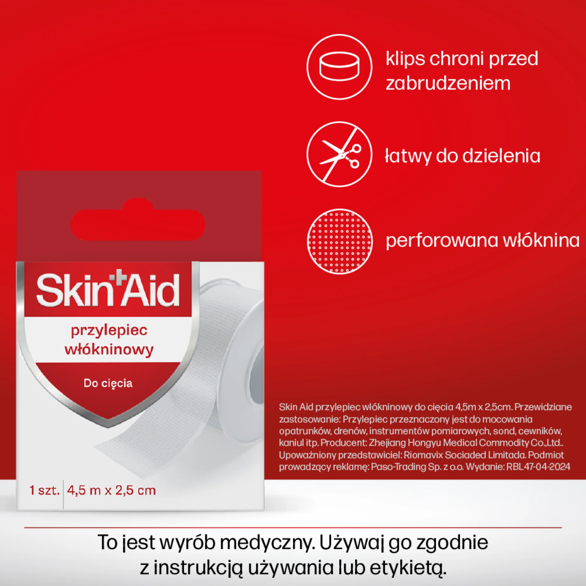 Skin Aid Przylepiec włókninowy 4,5 m x 2,5 cm, 1 sztuka