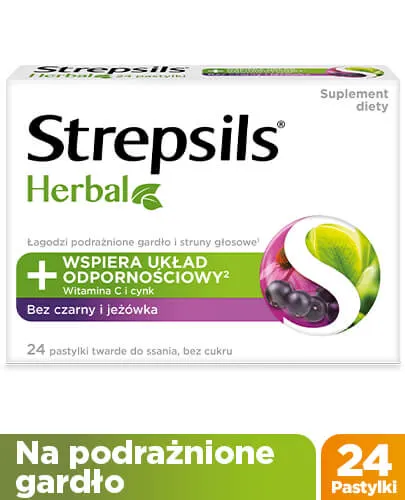 Strepsils Herbal, suplement diety, czarny bez i jeżówka, 24 pastylki do ssania